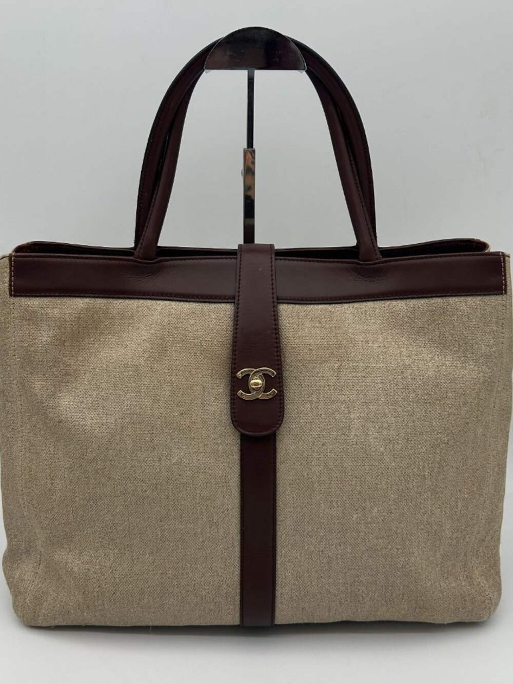 Chanel CC Logo Hemp Weave Tote Leather Beige